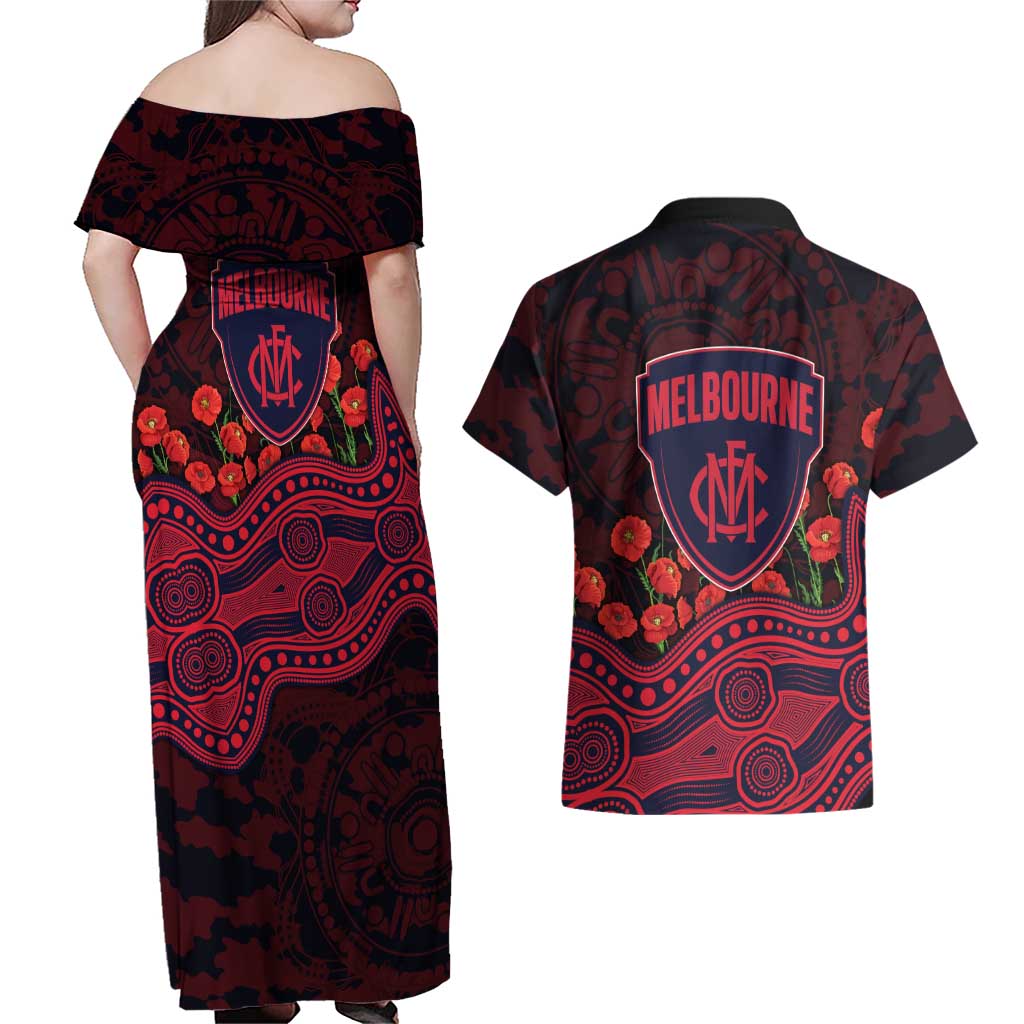 Melbourne Demons ANZAC Day Couples Matching Off Shoulder Maxi Dress and Hawaiian Shirt Indigenous Dot Art with Poppy Flower Tribute