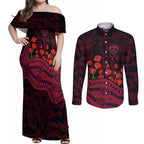 Melbourne Demons ANZAC Day Couples Matching Off Shoulder Maxi Dress and Long Sleeve Button Shirt Indigenous Dot Art with Poppy Flower Tribute