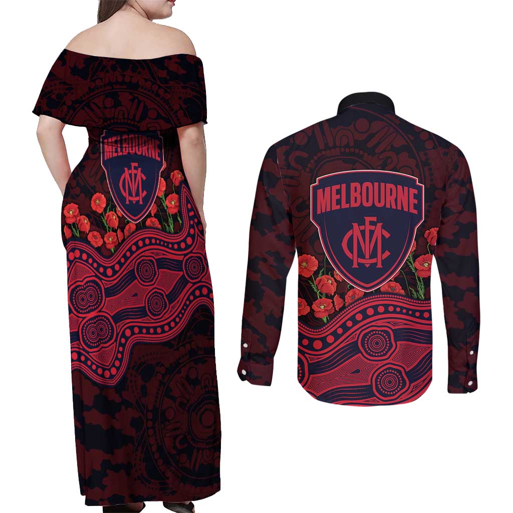 Melbourne Demons ANZAC Day Couples Matching Off Shoulder Maxi Dress and Long Sleeve Button Shirt Indigenous Dot Art with Poppy Flower Tribute