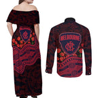 Melbourne Demons ANZAC Day Couples Matching Off Shoulder Maxi Dress and Long Sleeve Button Shirt Indigenous Dot Art with Poppy Flower Tribute