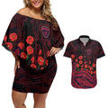 Melbourne Demons ANZAC Day Couples Matching Off Shoulder Short Dress and Hawaiian Shirt Indigenous Dot Art with Poppy Flower Tribute