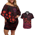 Melbourne Demons ANZAC Day Couples Matching Off Shoulder Short Dress and Hawaiian Shirt Indigenous Dot Art with Poppy Flower Tribute