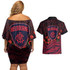 Melbourne Demons ANZAC Day Couples Matching Off Shoulder Short Dress and Hawaiian Shirt Indigenous Dot Art with Poppy Flower Tribute