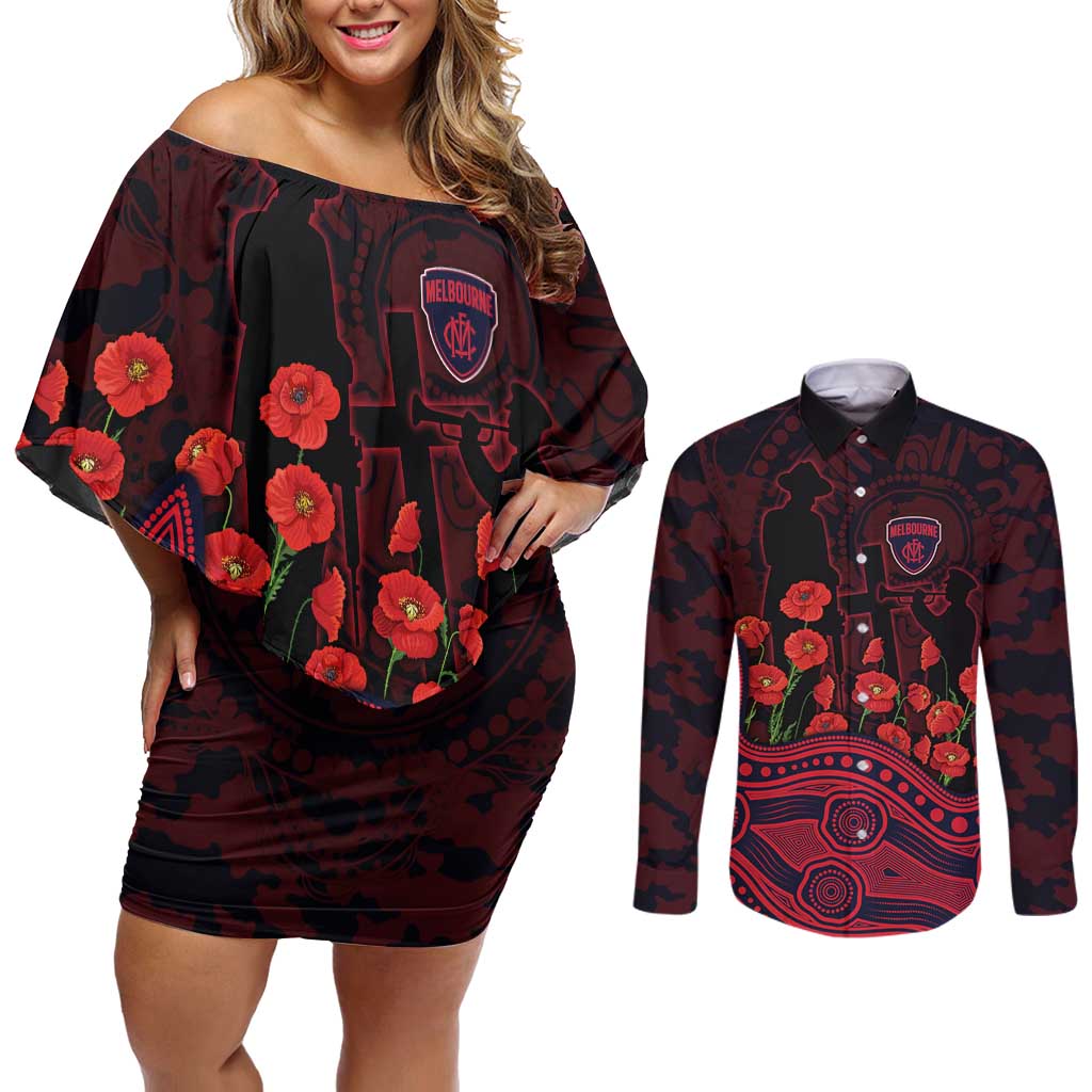 Melbourne Demons ANZAC Day Couples Matching Off Shoulder Short Dress and Long Sleeve Button Shirt Indigenous Dot Art with Poppy Flower Tribute