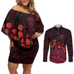 Melbourne Demons ANZAC Day Couples Matching Off Shoulder Short Dress and Long Sleeve Button Shirt Indigenous Dot Art with Poppy Flower Tribute