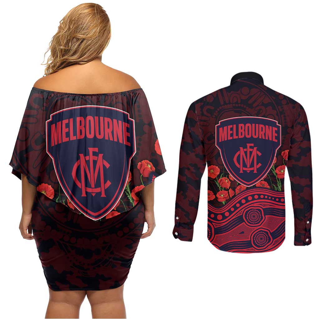 Melbourne Demons ANZAC Day Couples Matching Off Shoulder Short Dress and Long Sleeve Button Shirt Indigenous Dot Art with Poppy Flower Tribute