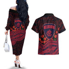 Melbourne Demons ANZAC Day Couples Matching Off The Shoulder Long Sleeve Dress and Hawaiian Shirt Indigenous Dot Art with Poppy Flower Tribute
