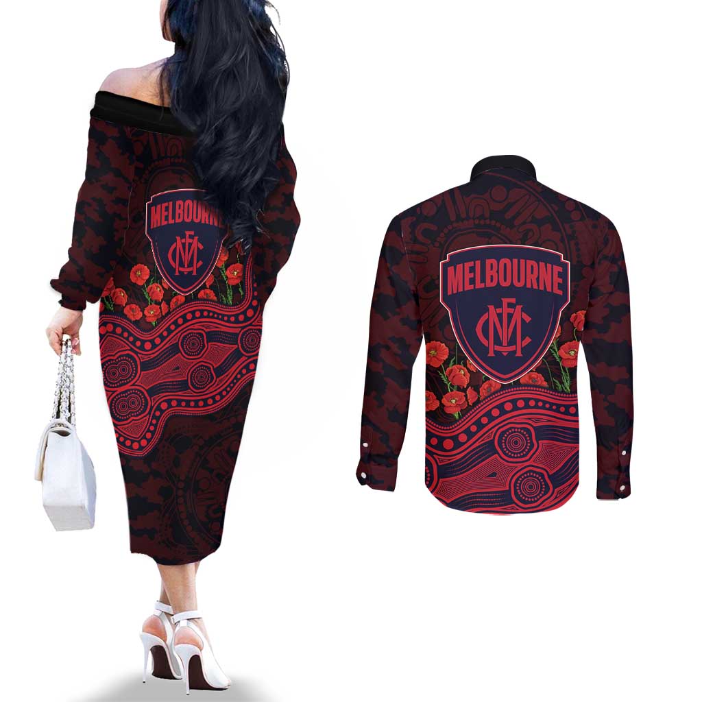 Melbourne Demons ANZAC Day Couples Matching Off The Shoulder Long Sleeve Dress and Long Sleeve Button Shirt Indigenous Dot Art with Poppy Flower Tribute