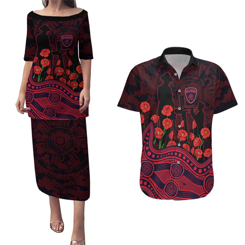 Melbourne Demons ANZAC Day Couples Matching Puletasi and Hawaiian Shirt Indigenous Dot Art with Poppy Flower Tribute