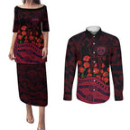 Melbourne Demons ANZAC Day Couples Matching Puletasi and Long Sleeve Button Shirt Indigenous Dot Art with Poppy Flower Tribute