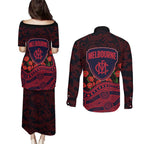 Melbourne Demons ANZAC Day Couples Matching Puletasi and Long Sleeve Button Shirt Indigenous Dot Art with Poppy Flower Tribute