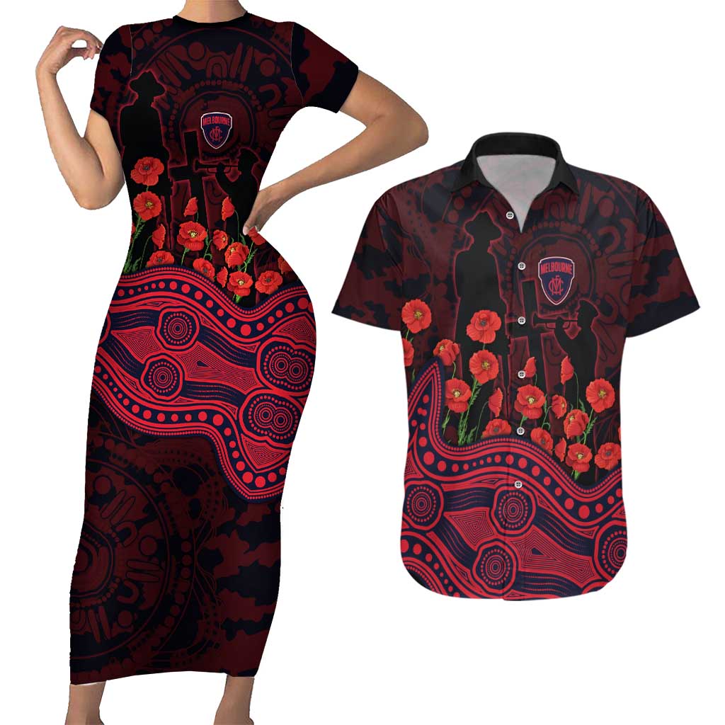 Melbourne Demons ANZAC Day Couples Matching Short Sleeve Bodycon Dress and Hawaiian Shirt Indigenous Dot Art with Poppy Flower Tribute