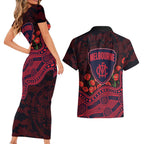 Melbourne Demons ANZAC Day Couples Matching Short Sleeve Bodycon Dress and Hawaiian Shirt Indigenous Dot Art with Poppy Flower Tribute