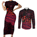 Melbourne Demons ANZAC Day Couples Matching Short Sleeve Bodycon Dress and Long Sleeve Button Shirt Indigenous Dot Art with Poppy Flower Tribute
