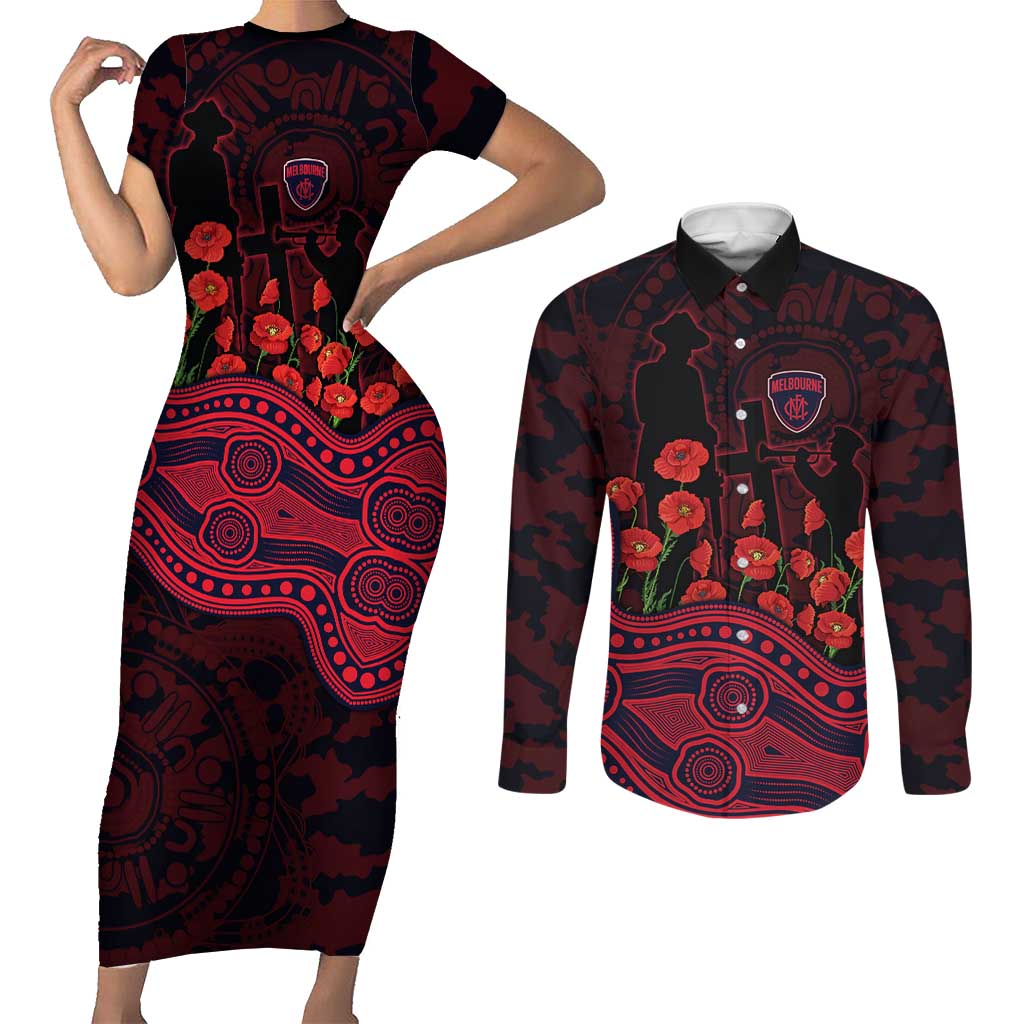 Melbourne Demons ANZAC Day Couples Matching Short Sleeve Bodycon Dress and Long Sleeve Button Shirt Indigenous Dot Art with Poppy Flower Tribute