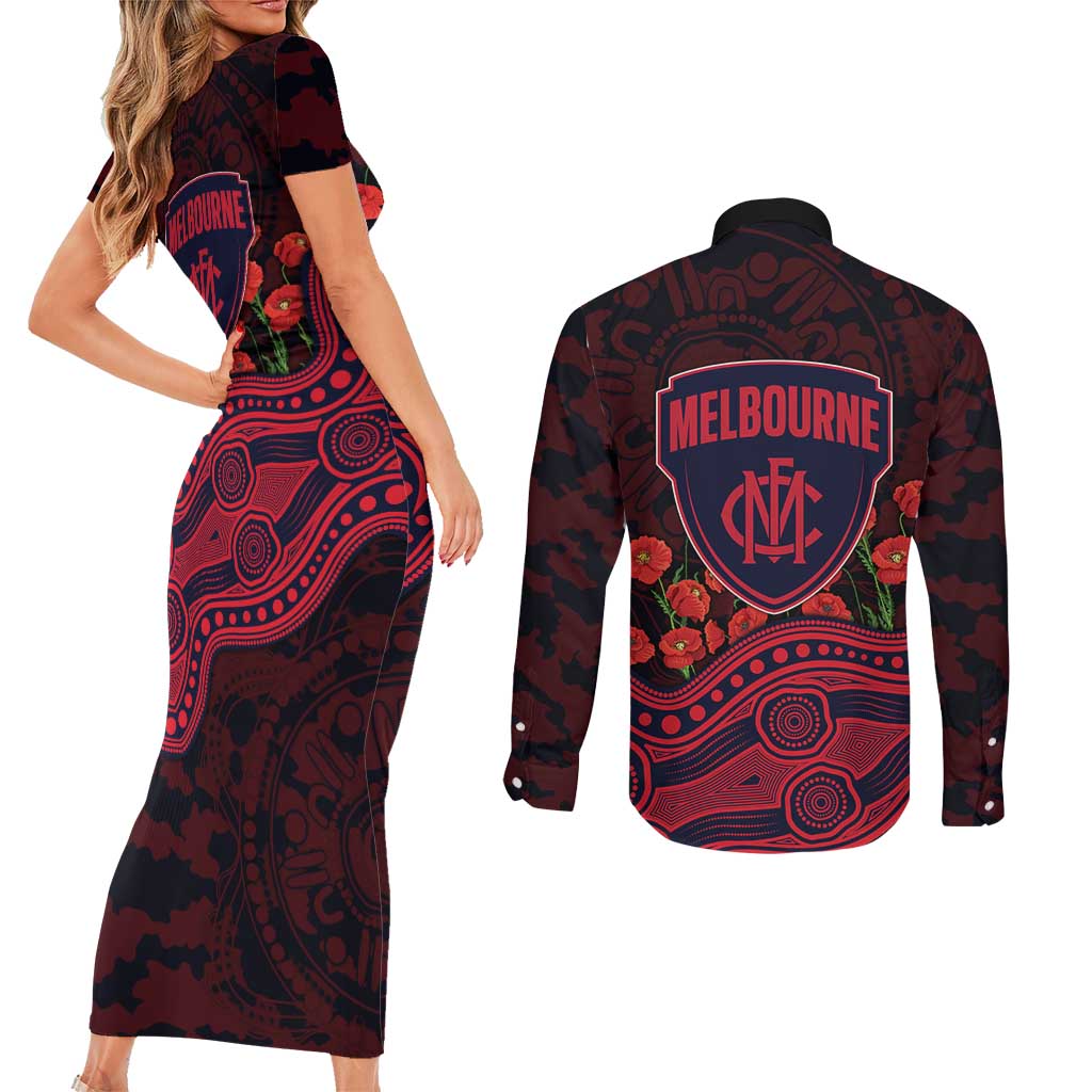 Melbourne Demons ANZAC Day Couples Matching Short Sleeve Bodycon Dress and Long Sleeve Button Shirt Indigenous Dot Art with Poppy Flower Tribute