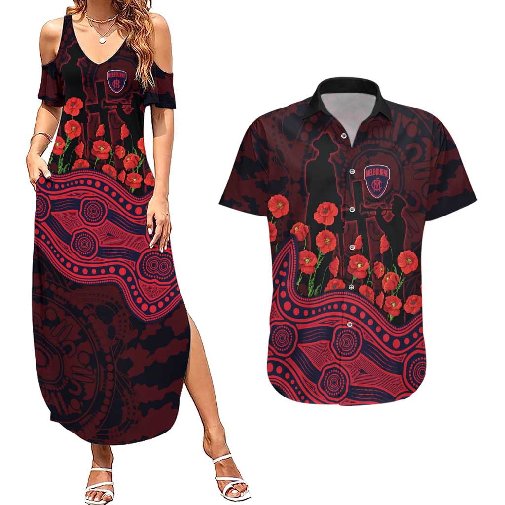 Melbourne Demons ANZAC Day Couples Matching Summer Maxi Dress and Hawaiian Shirt Indigenous Dot Art with Poppy Flower Tribute
