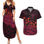 Melbourne Demons ANZAC Day Couples Matching Summer Maxi Dress and Hawaiian Shirt Indigenous Dot Art with Poppy Flower Tribute