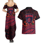 Melbourne Demons ANZAC Day Couples Matching Summer Maxi Dress and Hawaiian Shirt Indigenous Dot Art with Poppy Flower Tribute