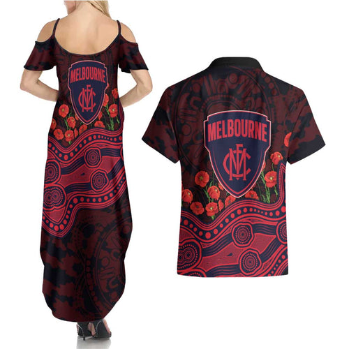 Melbourne Demons ANZAC Day Couples Matching Summer Maxi Dress and Hawaiian Shirt Indigenous Dot Art with Poppy Flower Tribute