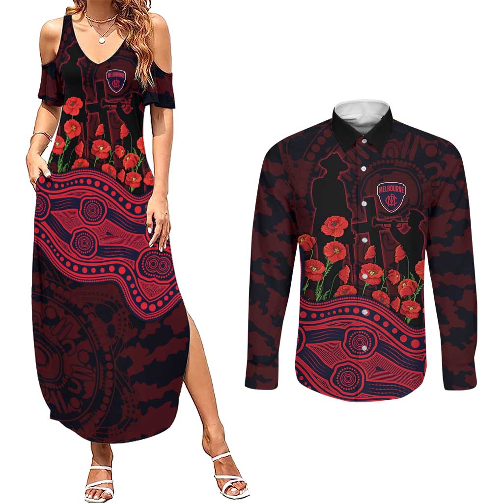 Melbourne Demons ANZAC Day Couples Matching Summer Maxi Dress and Long Sleeve Button Shirt Indigenous Dot Art with Poppy Flower Tribute