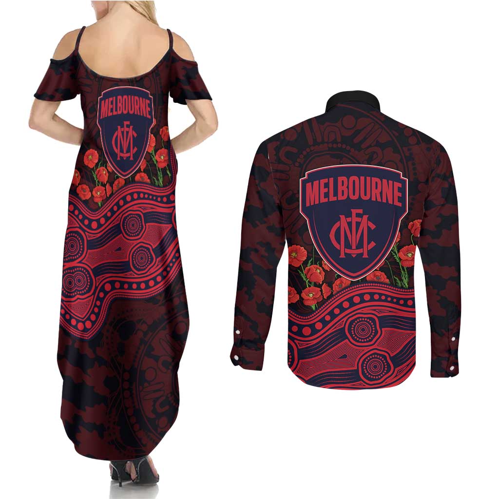 Melbourne Demons ANZAC Day Couples Matching Summer Maxi Dress and Long Sleeve Button Shirt Indigenous Dot Art with Poppy Flower Tribute