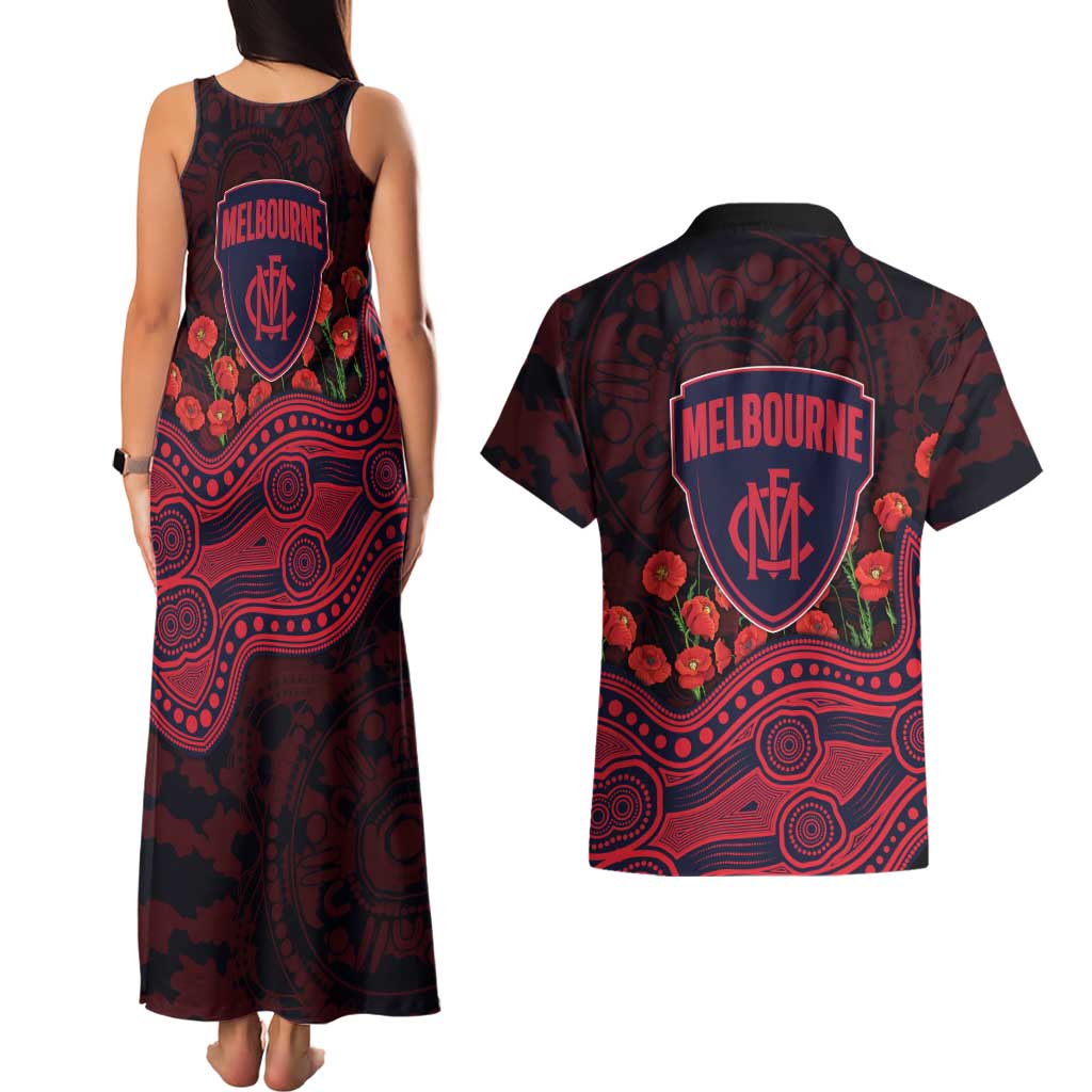 Melbourne Demons ANZAC Day Couples Matching Tank Maxi Dress and Hawaiian Shirt Indigenous Dot Art with Poppy Flower Tribute