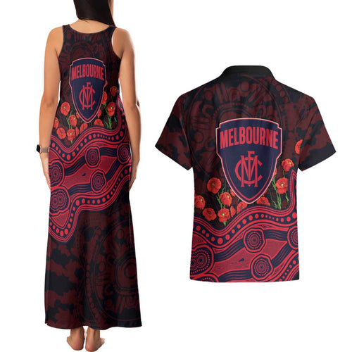 Melbourne Demons ANZAC Day Couples Matching Tank Maxi Dress and Hawaiian Shirt Indigenous Dot Art with Poppy Flower Tribute