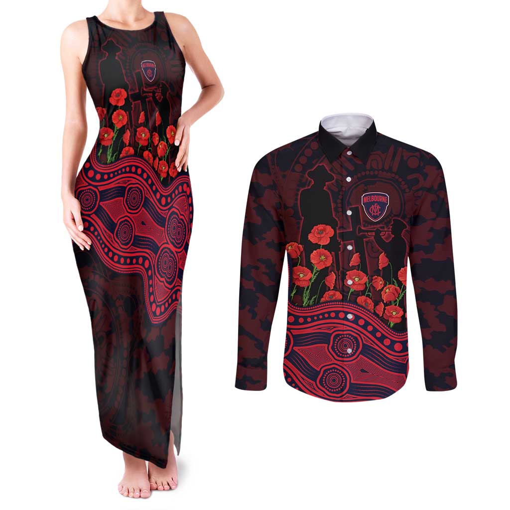 Melbourne Demons ANZAC Day Couples Matching Tank Maxi Dress and Long Sleeve Button Shirt Indigenous Dot Art with Poppy Flower Tribute