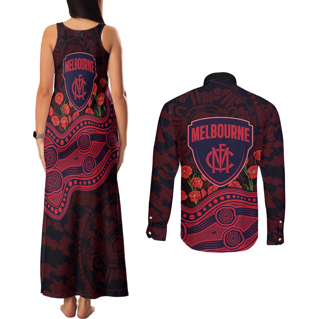 Melbourne Demons ANZAC Day Couples Matching Tank Maxi Dress and Long Sleeve Button Shirt Indigenous Dot Art with Poppy Flower Tribute