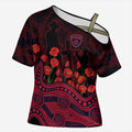 Melbourne Demons ANZAC Day Cross Shoulder Shirt Indigenous Dot Art with Poppy Flower Tribute