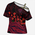 Melbourne Demons ANZAC Day Cross Shoulder Shirt Indigenous Dot Art with Poppy Flower Tribute
