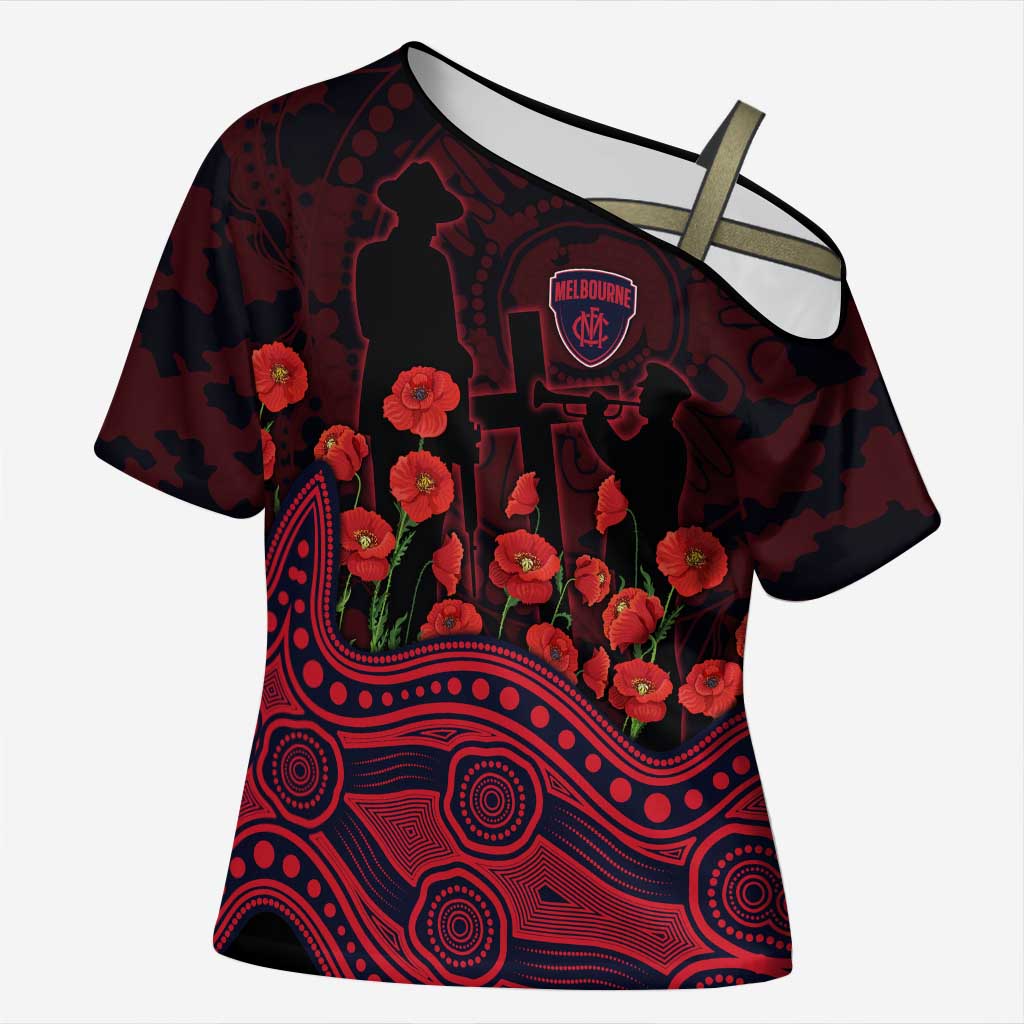 Melbourne Demons ANZAC Day Cross Shoulder Shirt Indigenous Dot Art with Poppy Flower Tribute