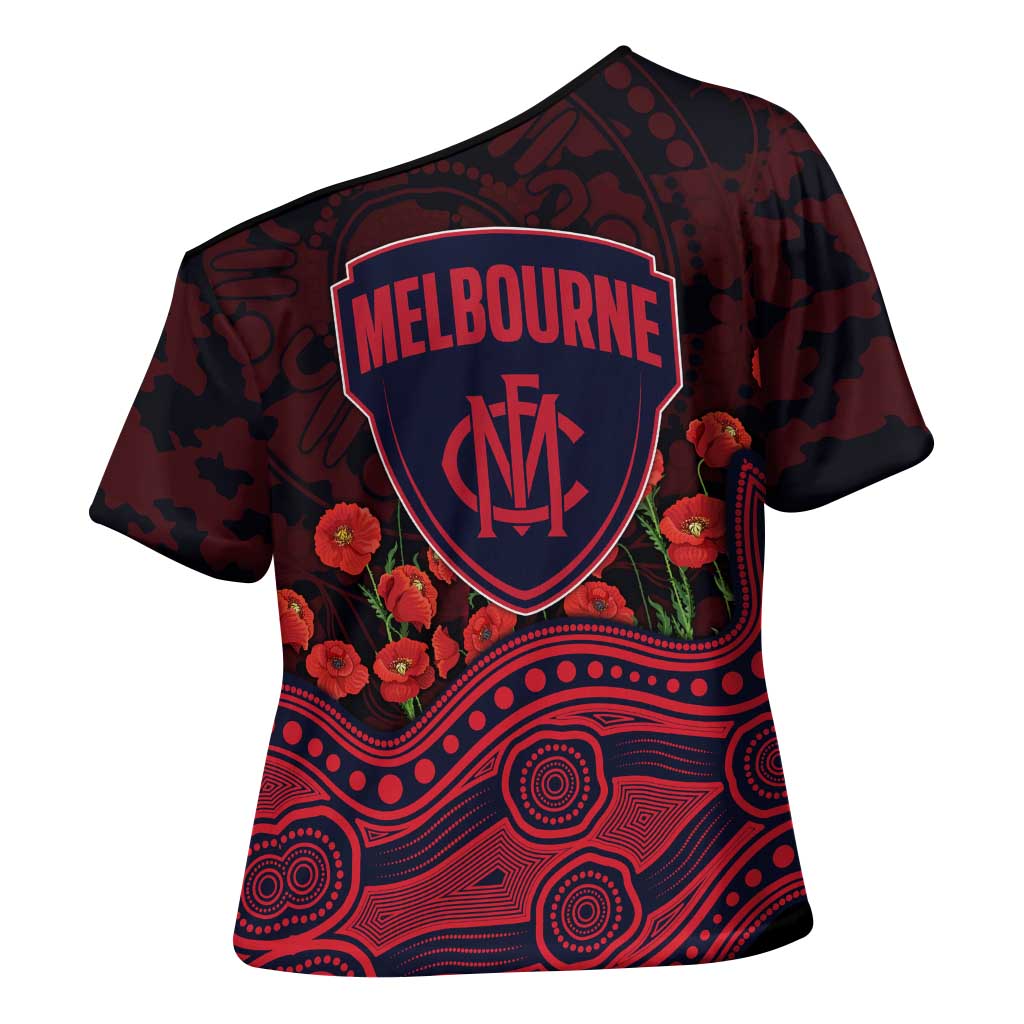 Melbourne Demons ANZAC Day Cross Shoulder Shirt Indigenous Dot Art with Poppy Flower Tribute
