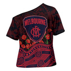 Melbourne Demons ANZAC Day Cross Shoulder Shirt Indigenous Dot Art with Poppy Flower Tribute