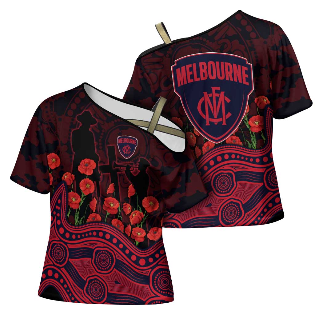 Melbourne Demons ANZAC Day Cross Shoulder Shirt Indigenous Dot Art with Poppy Flower Tribute