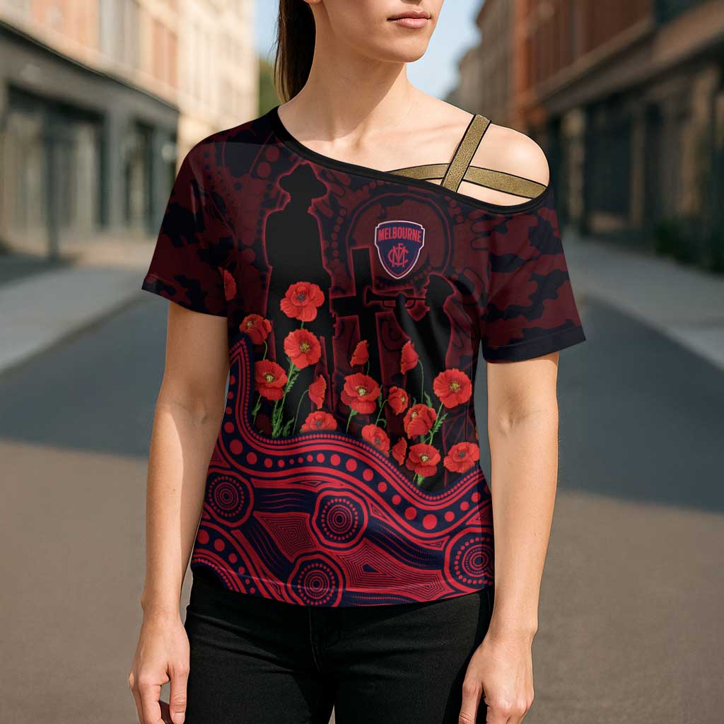 Melbourne Demons ANZAC Day Cross Shoulder Shirt Indigenous Dot Art with Poppy Flower Tribute