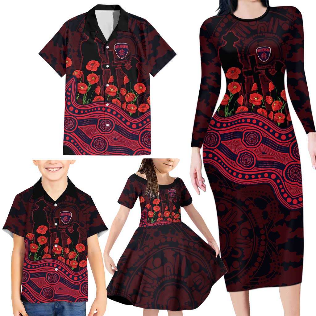 Melbourne Demons ANZAC Day Family Matching Long Sleeve Bodycon Dress and Hawaiian Shirt Indigenous Dot Art with Poppy Flower Tribute