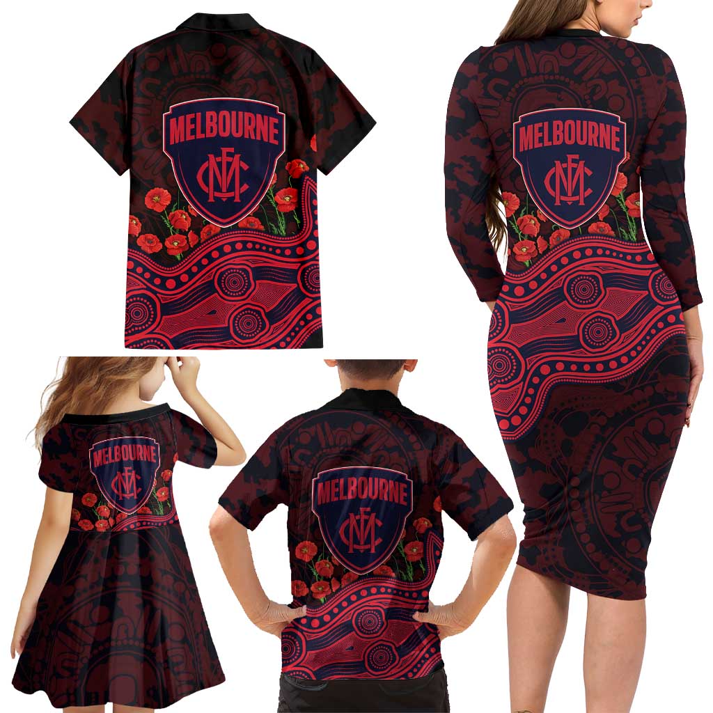 Melbourne Demons ANZAC Day Family Matching Long Sleeve Bodycon Dress and Hawaiian Shirt Indigenous Dot Art with Poppy Flower Tribute