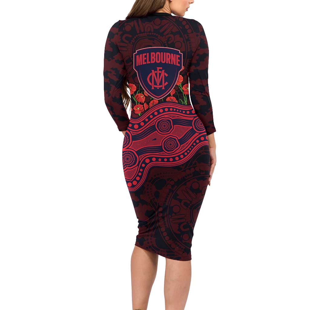 Melbourne Demons ANZAC Day Family Matching Long Sleeve Bodycon Dress and Hawaiian Shirt Indigenous Dot Art with Poppy Flower Tribute
