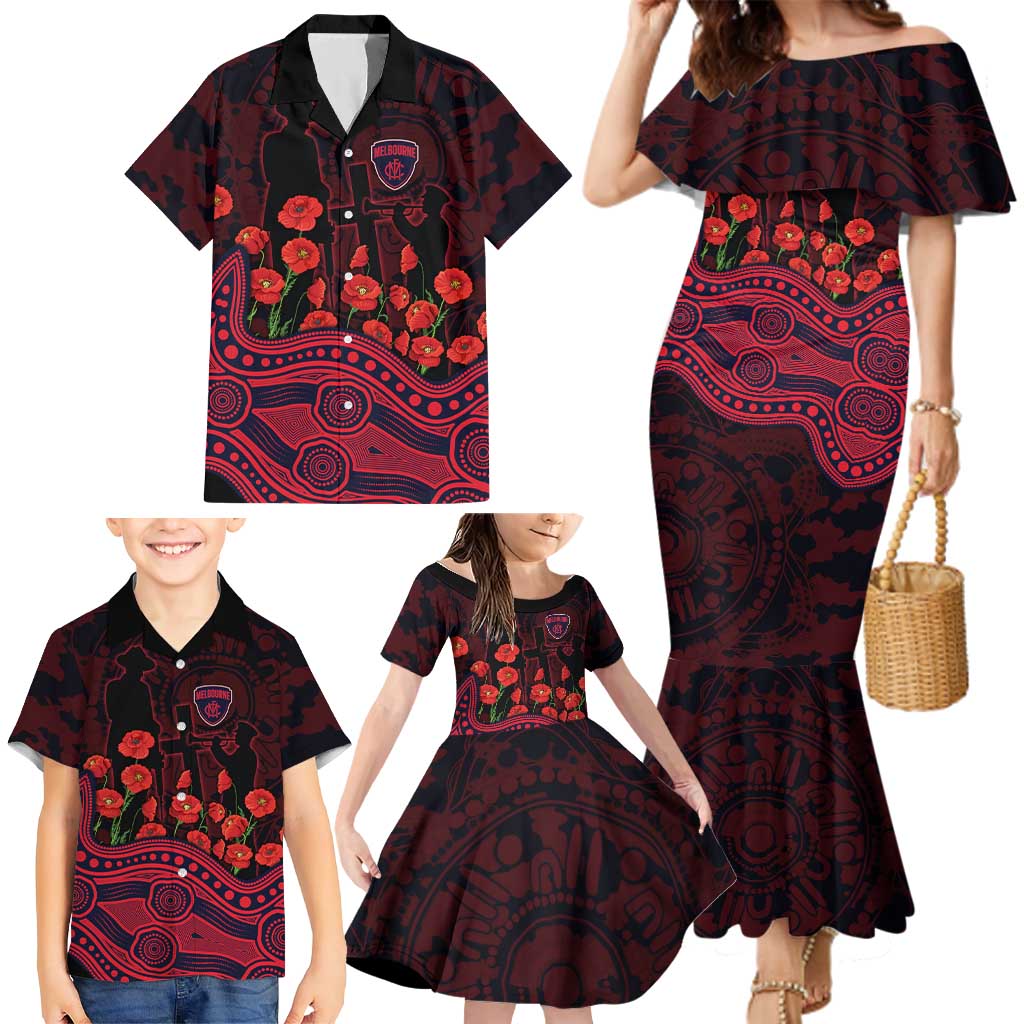 Melbourne Demons ANZAC Day Family Matching Mermaid Dress and Hawaiian Shirt Indigenous Dot Art with Poppy Flower Tribute