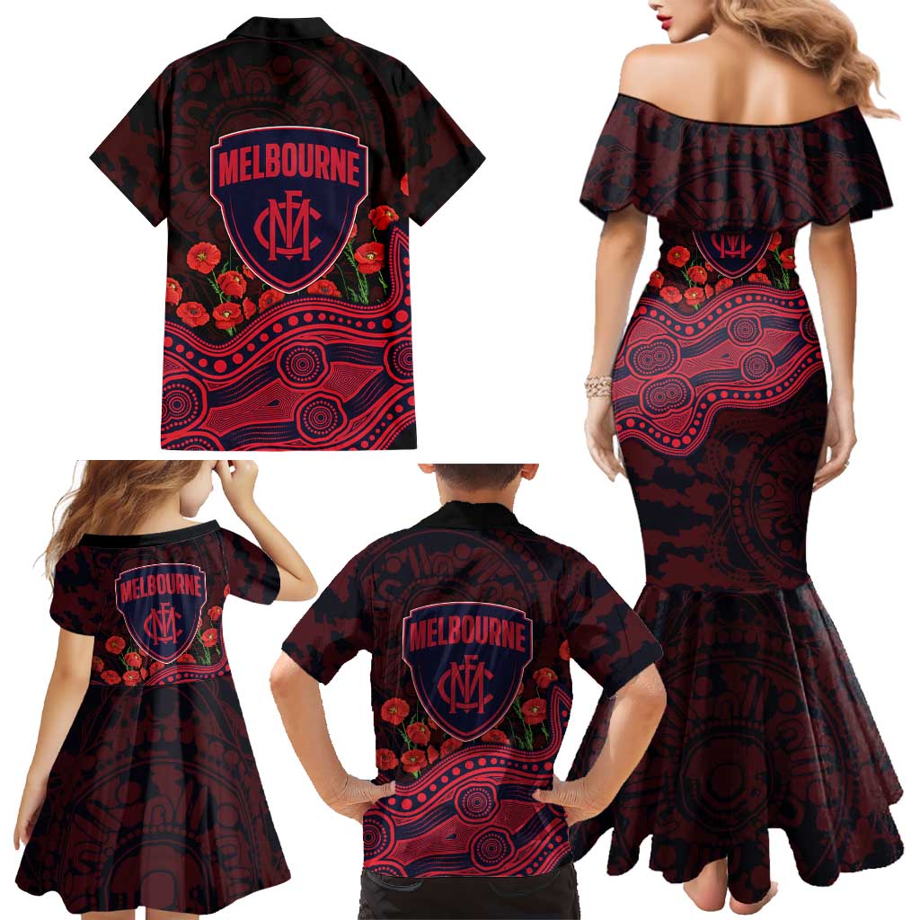 Melbourne Demons ANZAC Day Family Matching Mermaid Dress and Hawaiian Shirt Indigenous Dot Art with Poppy Flower Tribute