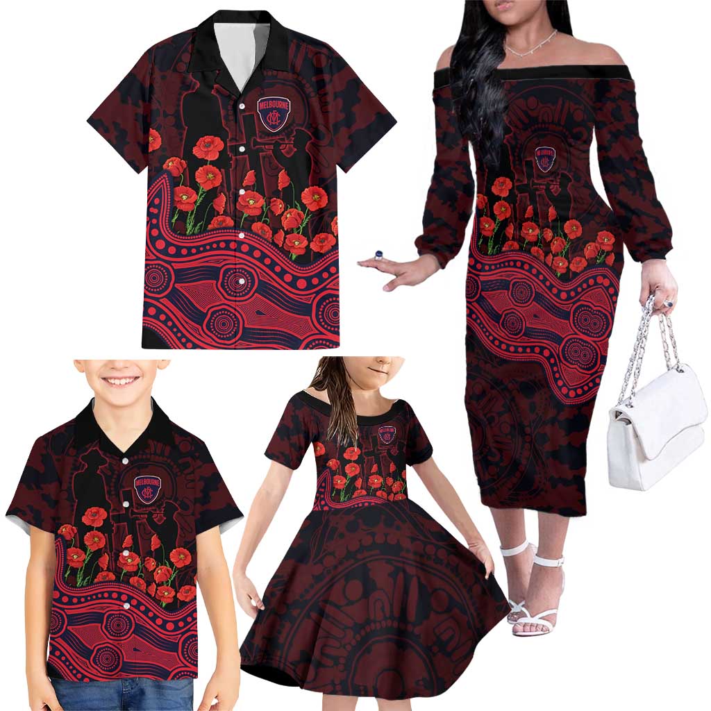 Melbourne Demons ANZAC Day Family Matching Off The Shoulder Long Sleeve Dress and Hawaiian Shirt Indigenous Dot Art with Poppy Flower Tribute
