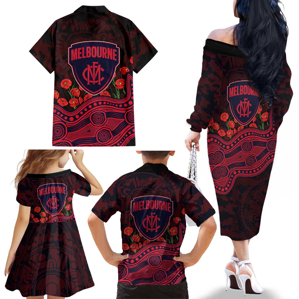 Melbourne Demons ANZAC Day Family Matching Off The Shoulder Long Sleeve Dress and Hawaiian Shirt Indigenous Dot Art with Poppy Flower Tribute
