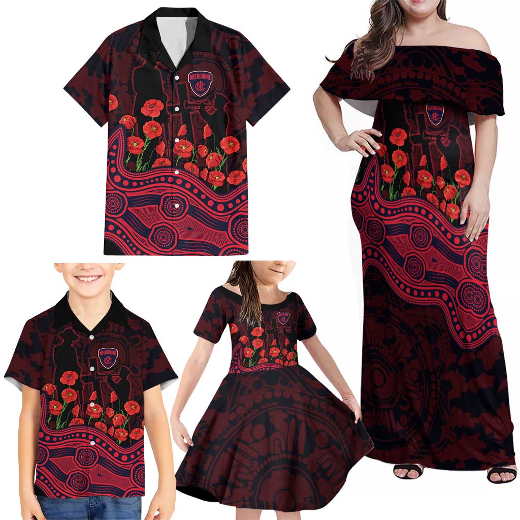 Melbourne Demons ANZAC Day Family Matching Off Shoulder Maxi Dress and Hawaiian Shirt Indigenous Dot Art with Poppy Flower Tribute