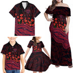 Melbourne Demons ANZAC Day Family Matching Off Shoulder Maxi Dress and Hawaiian Shirt Indigenous Dot Art with Poppy Flower Tribute