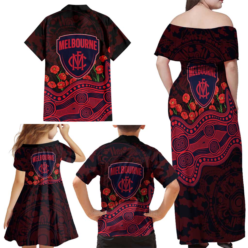 Melbourne Demons ANZAC Day Family Matching Off Shoulder Maxi Dress and Hawaiian Shirt Indigenous Dot Art with Poppy Flower Tribute