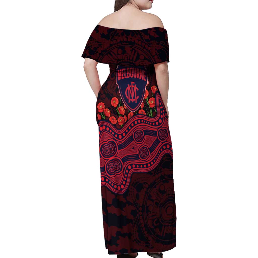 Melbourne Demons ANZAC Day Family Matching Off Shoulder Maxi Dress and Hawaiian Shirt Indigenous Dot Art with Poppy Flower Tribute