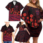 Melbourne Demons ANZAC Day Family Matching Off Shoulder Short Dress and Hawaiian Shirt Indigenous Dot Art with Poppy Flower Tribute
