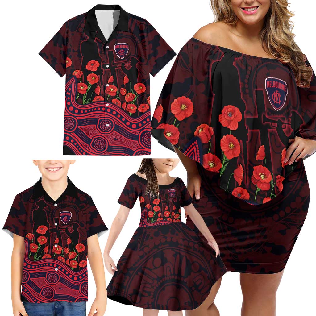Melbourne Demons ANZAC Day Family Matching Off Shoulder Short Dress and Hawaiian Shirt Indigenous Dot Art with Poppy Flower Tribute